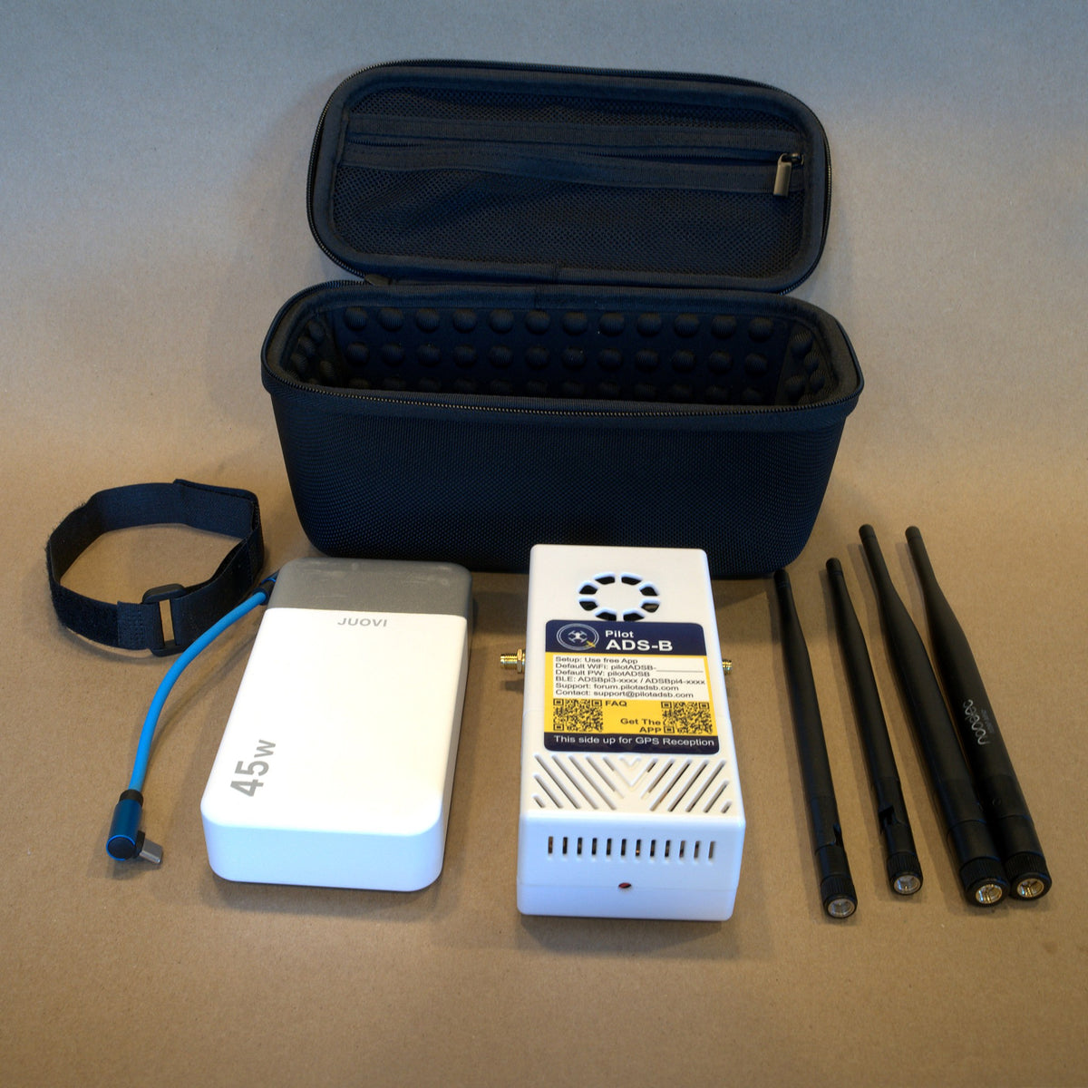 Everything in the Remote ID Deluxe kit: receiver, 45W battery, strap, cable, four antennas and carry case