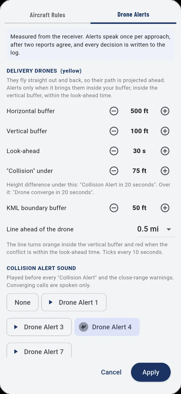 Drone alert settings, with buffers and look-ahead for delivery drones