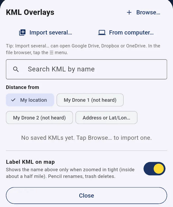 KML overlays: import from your phone or a computer