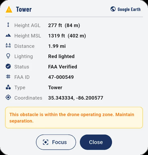 Obstacle details for a tower: height, lighting, FAA status