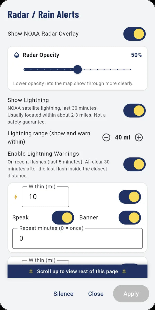 Radar and rain alert settings, with lightning range and banner options