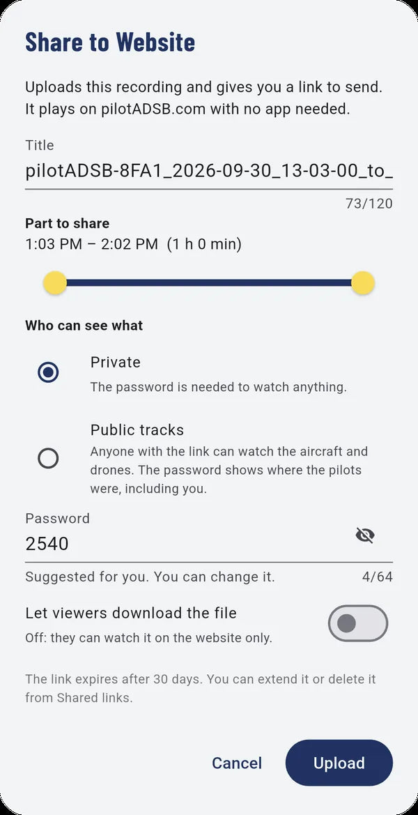 Share a recording to the website, private with a password or public