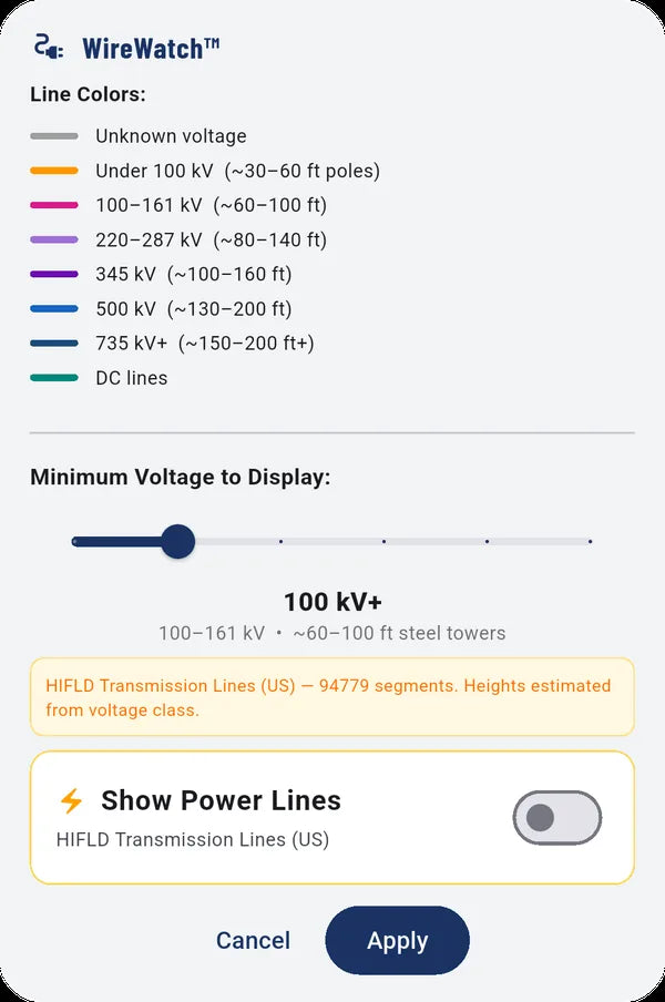 Power line settings with line colors by voltage