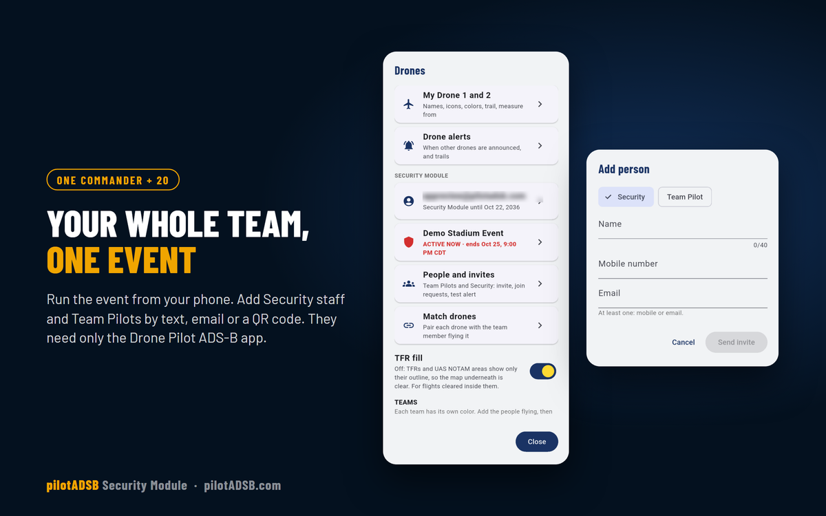 The Drones window with an event ACTIVE NOW, and the Add person screen