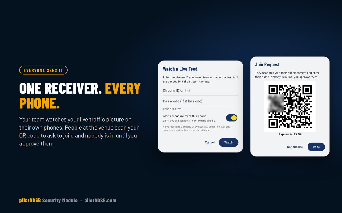 The Watch a Live Feed and Join Request QR screens in the Drone Pilot ADS-B app