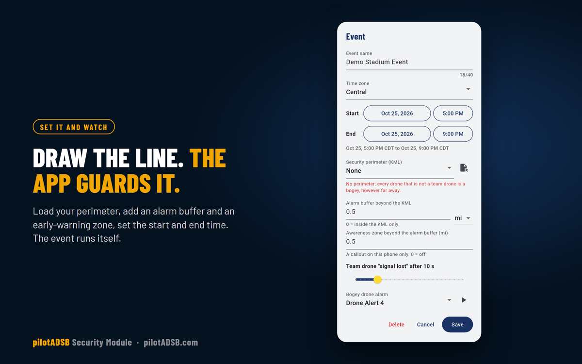The Event screen: event name, time zone, start and end, perimeter, alarm buffer and awareness zone