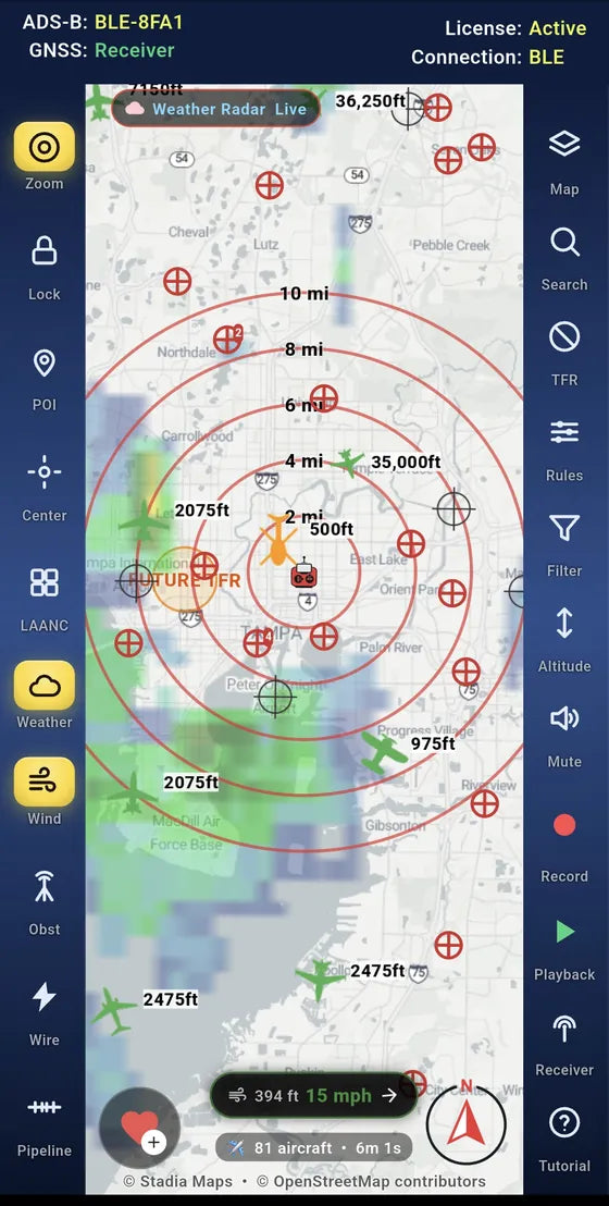 A future TFR near Tampa with the LAANC grid, weather radar and 81 aircraft