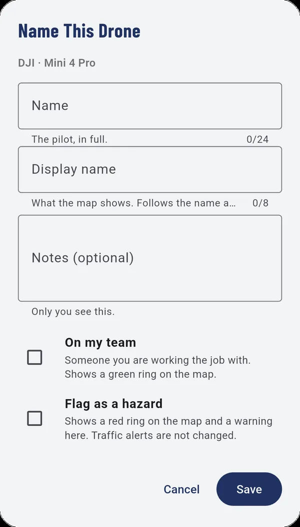 Name this drone: label a drone, mark it as your team, or flag it as a hazard