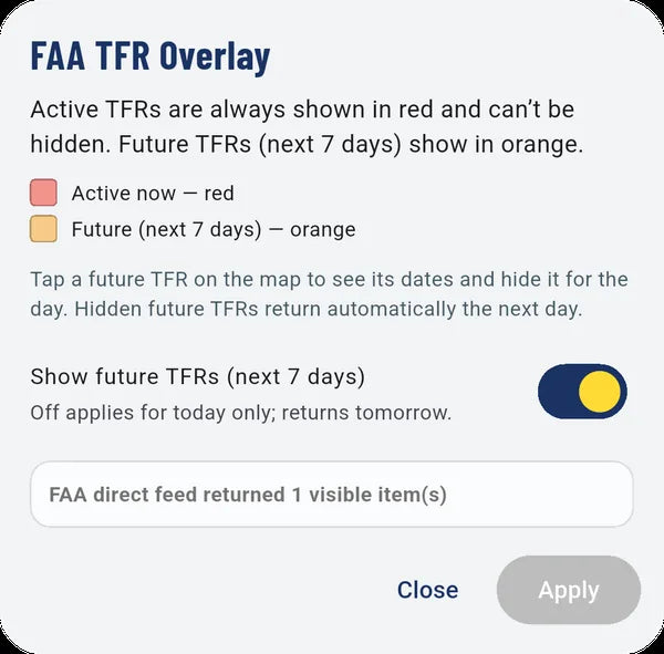 FAA TFR overlay: active TFRs in red, future TFRs in orange