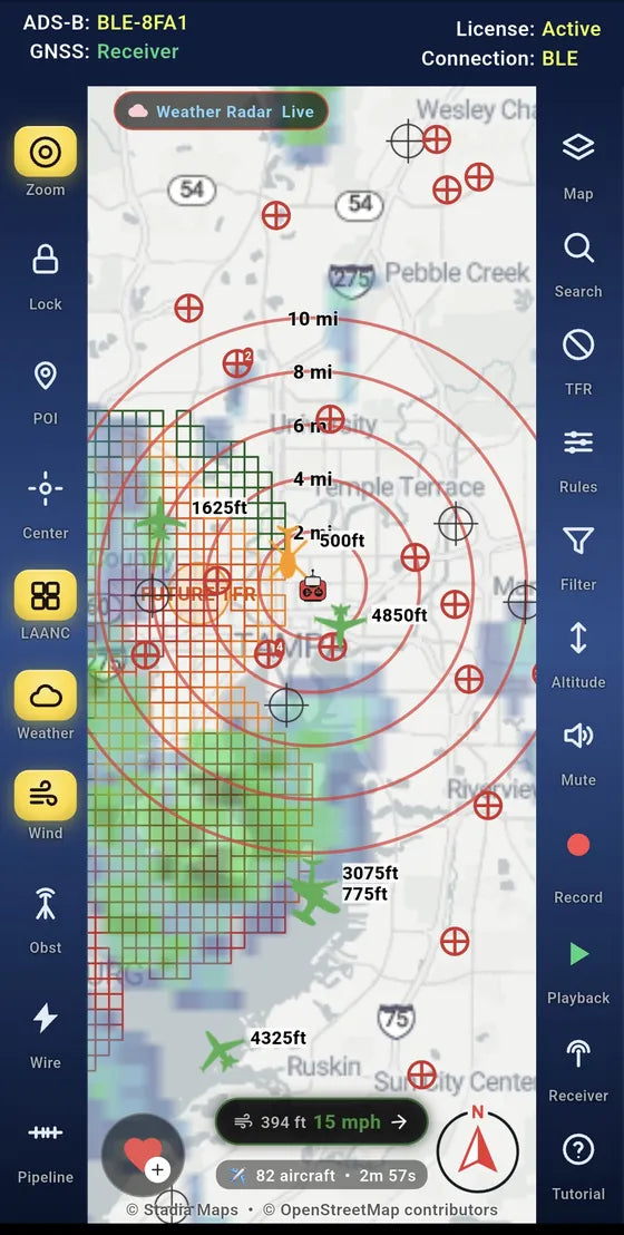 Drone Pilot ADS-B on a phone showing 82 aircraft with altitudes, weather radar and a future TFR