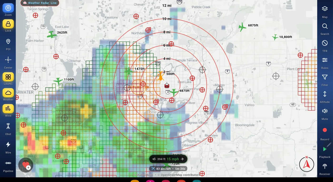 Drone Pilot ADS-B on a tablet: live aircraft, weather radar, the LAANC grid and range rings around the pilot