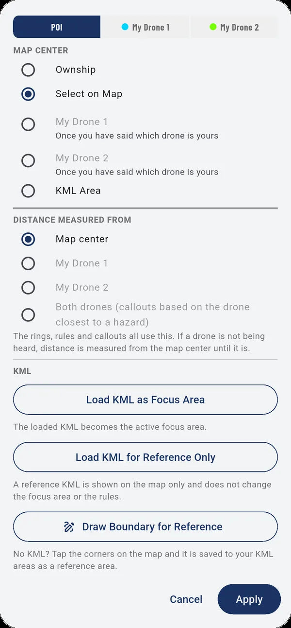Select focus area: measure from your position, your drone or a KML area