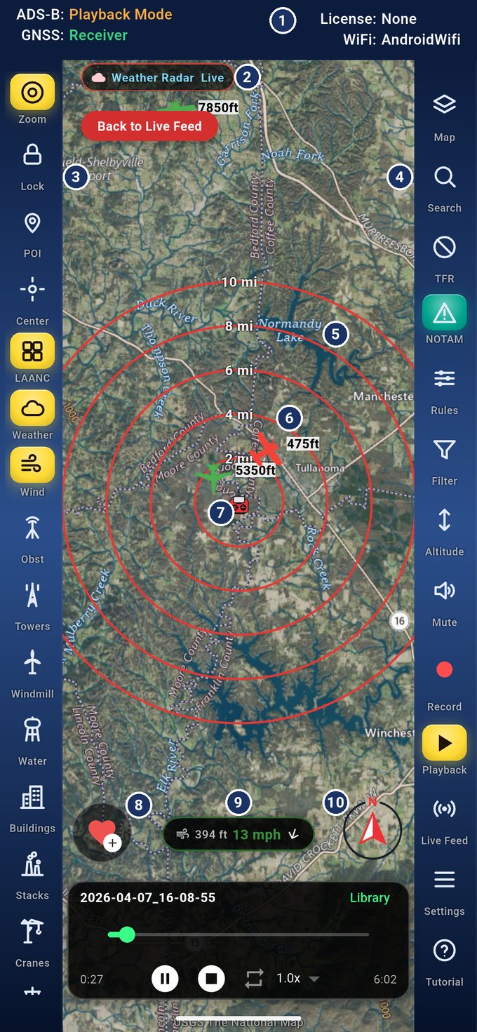 The Drone Pilot ADS-B map with ten numbered points: status bar, weather chip, left rail, right rail, range rings, traffic, your position, favorites, wind bubble and compass